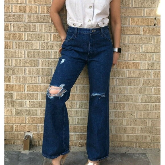 Vtg 80s Rustler wide leg dark wash flare jeans 28.5" dark denim casual everyday - Picture 2 of 11